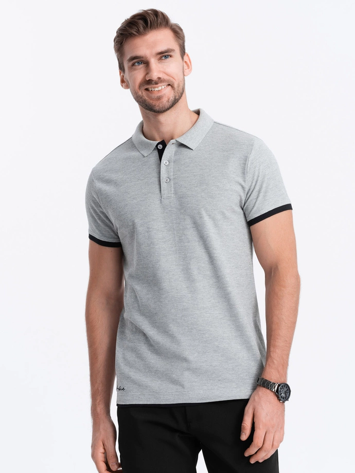 Men's cotton polo shirt with contrast trim - grey V7 OM-POSS-0113