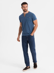 Men's T-shirt with button neckline and suede trim - dark blue V2 OM-TSCT-0206