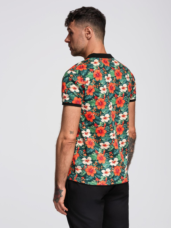 Cotton polo shirt with floral print - black V2 OM-POSS-0149