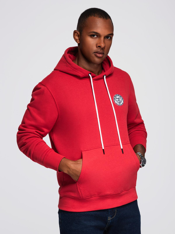 Men's kangaroo sweatshirt with hood and college style patch - red V1 OM-SSNZ-0144