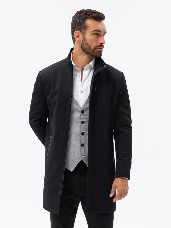 Men's coat with stand-up collar and quilted lining - black V1 OM-COWC-0103