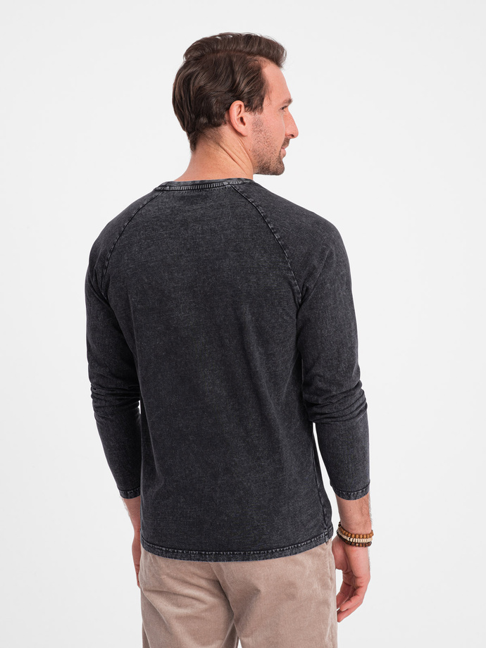 Henley bărbătesc cu mâneci lungi și mâneci raglan - negru V1 OM-LSWL-22FW-001