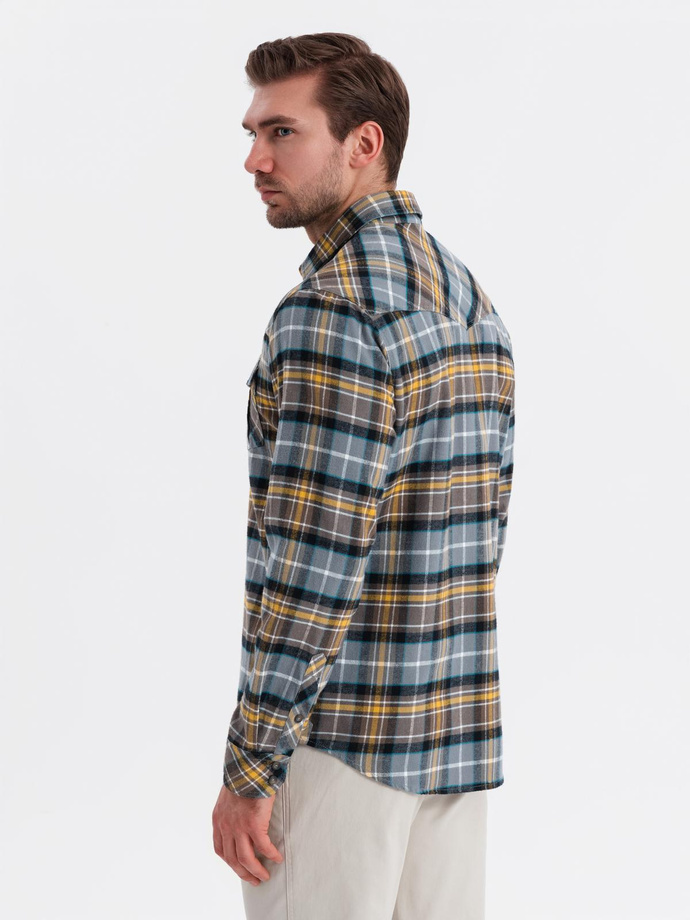 Men's checkered flannel shirt with pockets - gray-yellow V1 OM-SHCS-0149