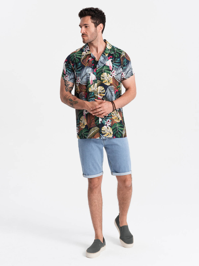 Men's short sleeve patterned viscose shirt - jungle V10 OM-SHPS-0113