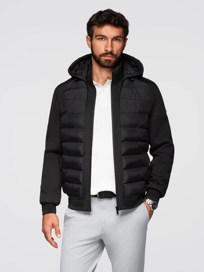 Quilted bomber jacket with hood and knitted sleeves - black V1 OM-JALP-0298