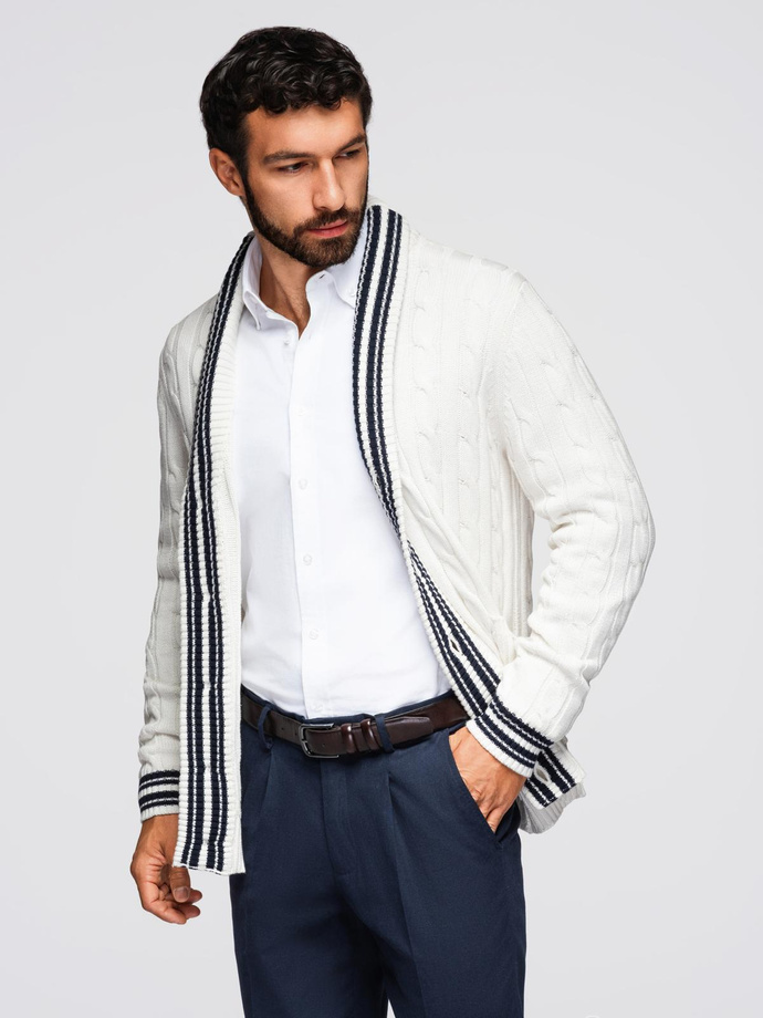 Pánsky sveter so šálovým golierom v preppy štýle - biely V1 OM-SWCD-0152