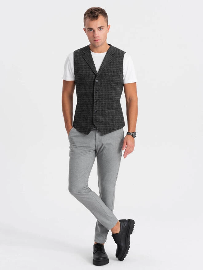 Men's wool blend vest with checkered lapels - graphite V1 OM-BLZV-0110