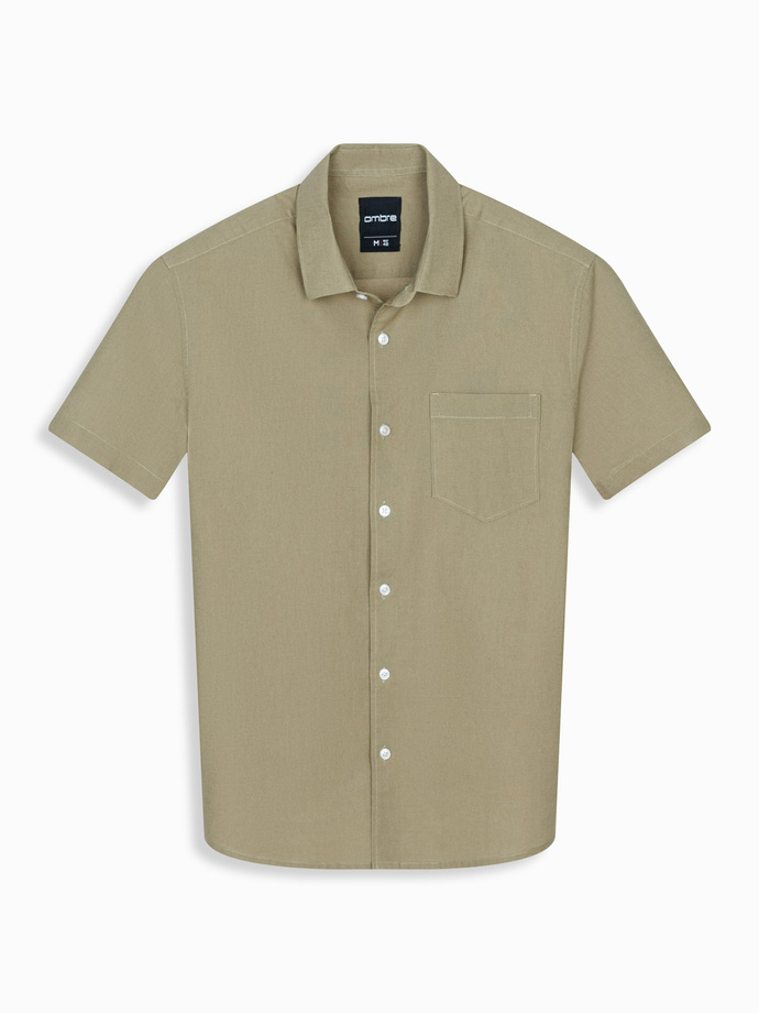 Men's short sleeve cotton and linen shirt with pocket - olive V6 OM-SHSS-0167