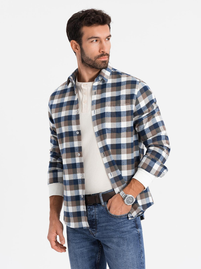 Classic men's flannel check cotton shirt - brown and navy blue V1 OM-SHCS-0157