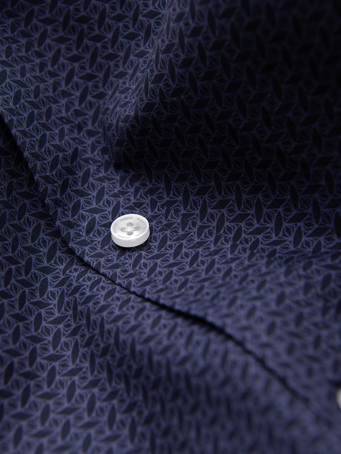 Vyriški medvilniniai raštuoti SLIM FIT marškiniai - tamsiai mėlyni V6 OM-SHCS-0151