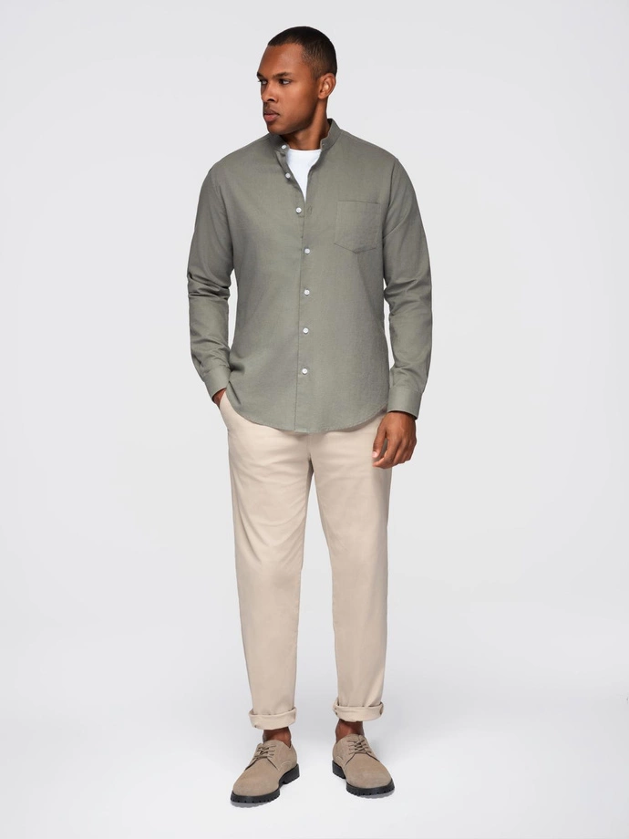 Men's linen shirt with stand-up collar and pocket REGULAR FIT - khaki V6 OM-SHCS-0161