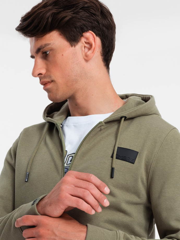 Unzipped men's sweatshirt with hood and patch - olive V4 OM-SSZP-0140