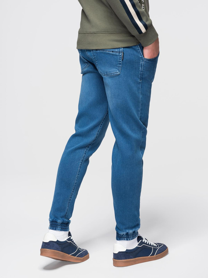 Pantaloni jogger din denim pentru bărbați cu cordon în talie - albastru V1 OM-PADJ-0242