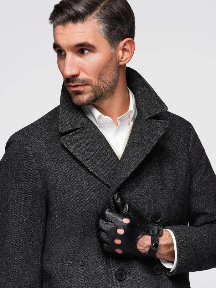 Men's short double-breasted wool coat - graphite V1 OM-COWC-0115