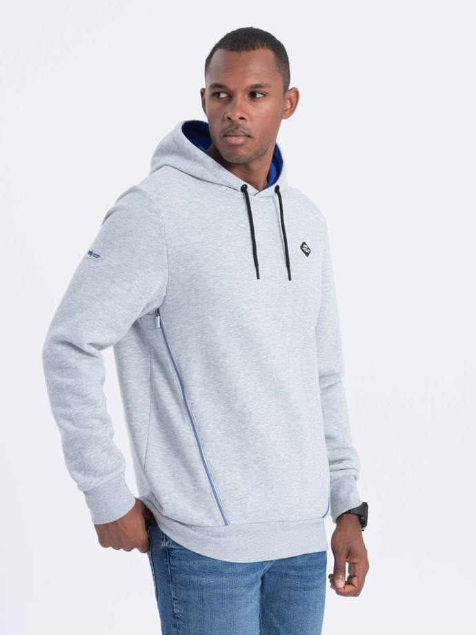 Men's hoodie with zippered pocket - gray melange V5 OM-SSNZ-22FW-006