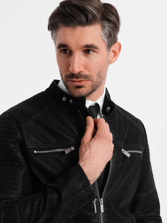 Men's retro-style biker jacket with stand-up collar - black V2 OM-JAFL-0197