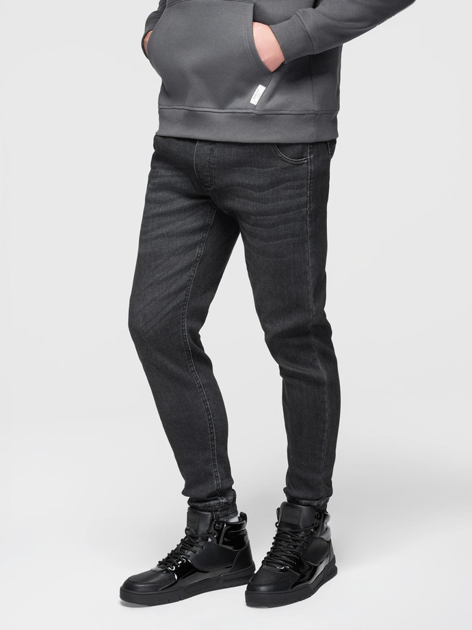 Men's denim jogger pants with drawstring waistband - black V4 OM-PADJ-0242