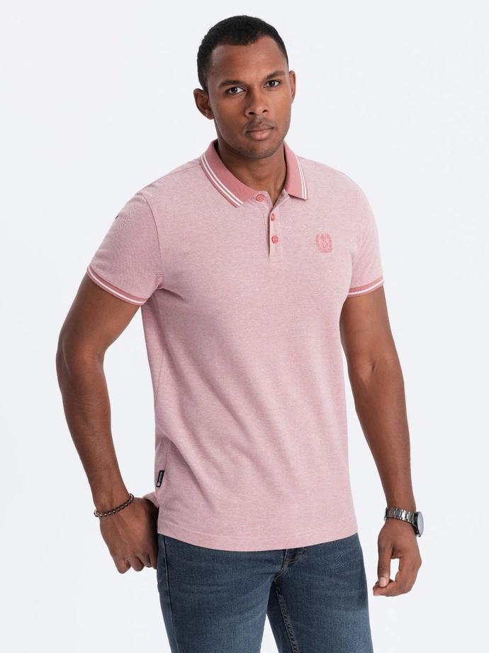 Men's melange polo shirt with contrasting collar - pink V2 S1618