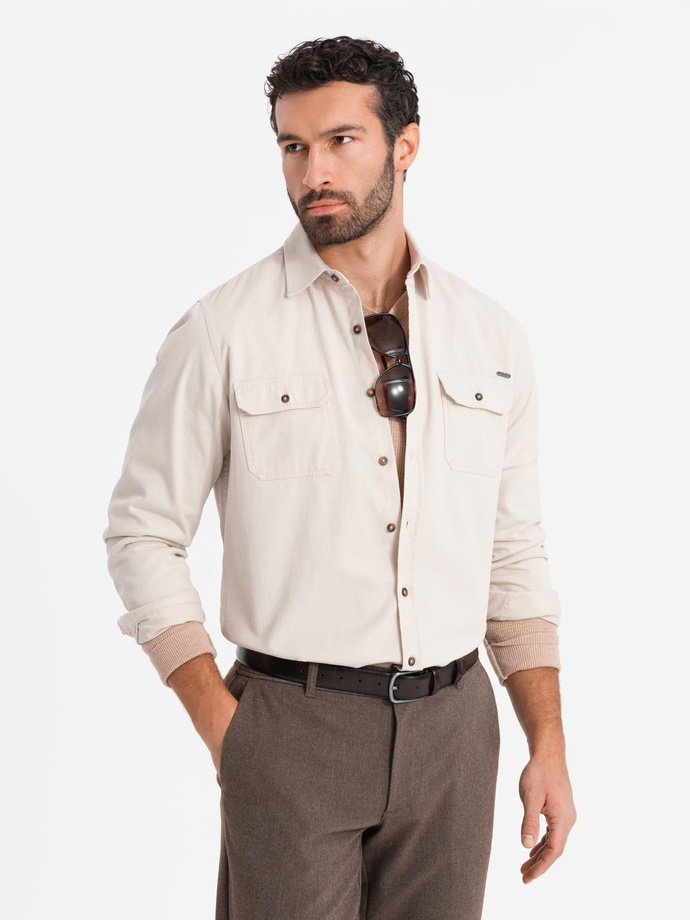 Cămașă bărbătească REGULAR FIT din bumbac cu buzunare cu nasturi - crem V1 OM-SHCS-0146