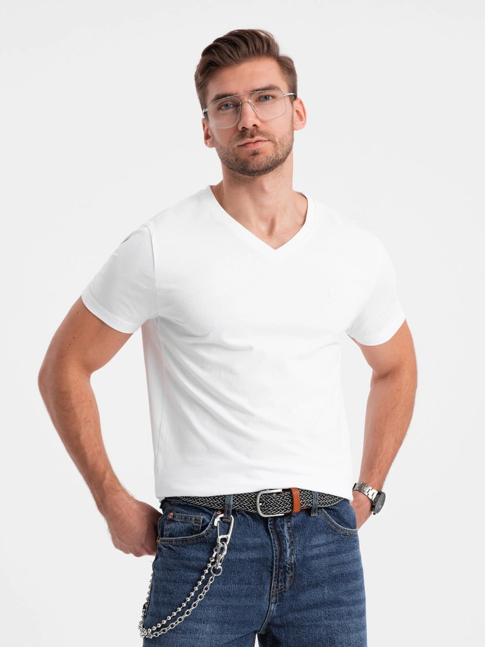 Vyriški V-NECK marškinėliai su elastanu - balti V1 OM-TSCT-0106