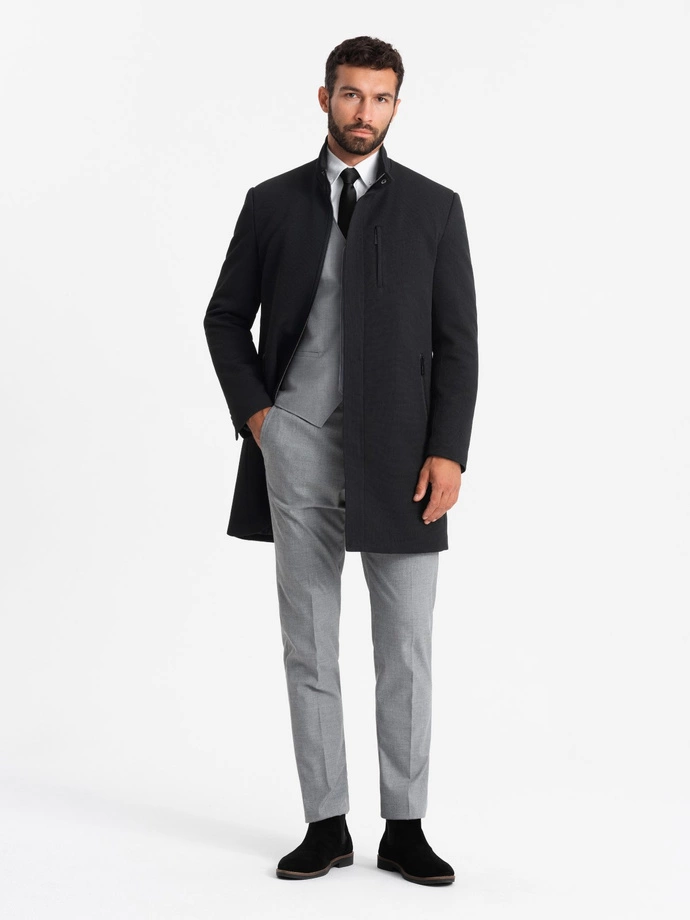 Pánský vypasovaný strukturovaný kabát s vysokým límcem - černý V1 OM-COWC-0117