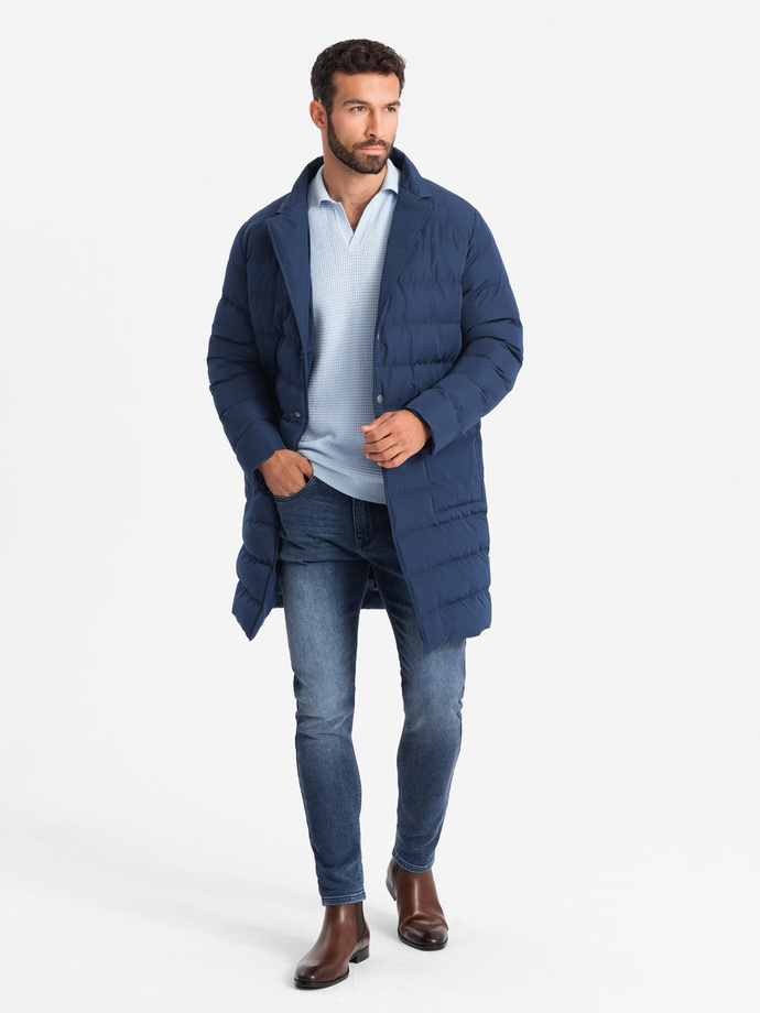 Men's long quilted jacket with lapels and lining - dark blue V1 OM-JALJ-0177