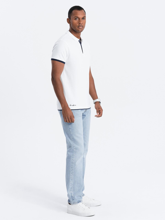 Tricou polo bărbătesc din bumbac cu ornamente contrastante - alb V1 OM-POSS-0113