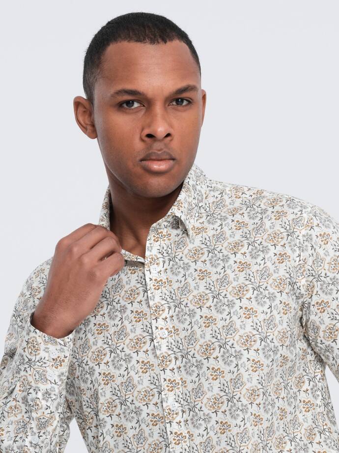 Cămașă SLIM FIT pentru bărbați cu model floral - bej V2 OM-SHPS-0139