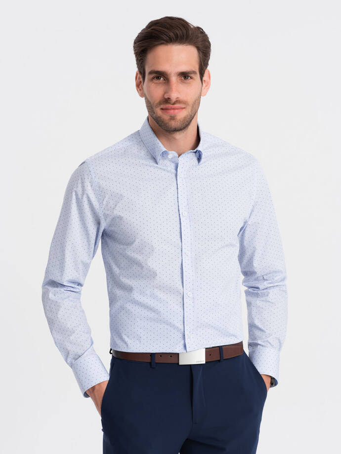 Cămașă bărbătească din bumbac clasic SLIM FIT cu model micro - albastru V7 OM-SHCS-0156