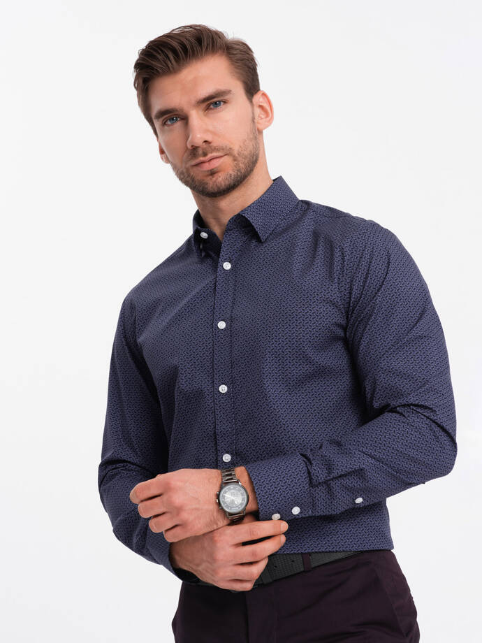 Cămașă bărbătească din bumbac cu model SLIM FIT - albastru marin V6 OM-SHCS-0151