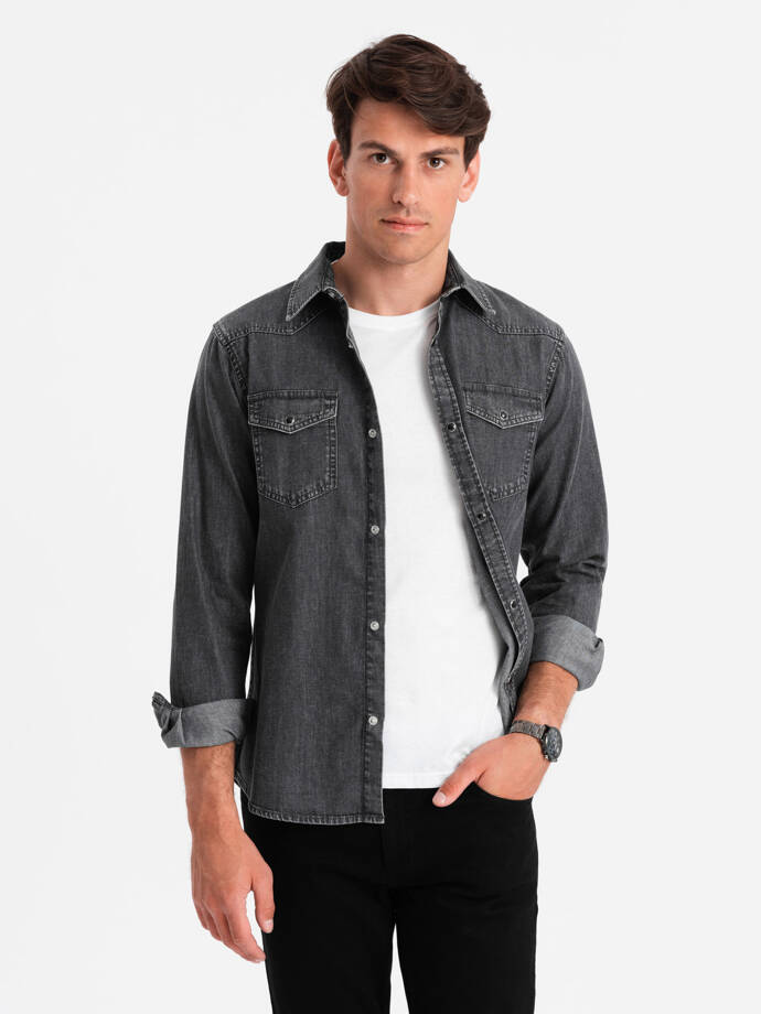 Cămașă bărbătească din denim cu buzunare - negru V3 OM-SHDS-0115