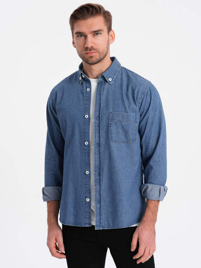 Cămașă clasică pentru bărbați SLIM din denim - albastru OM-SHDS-0116