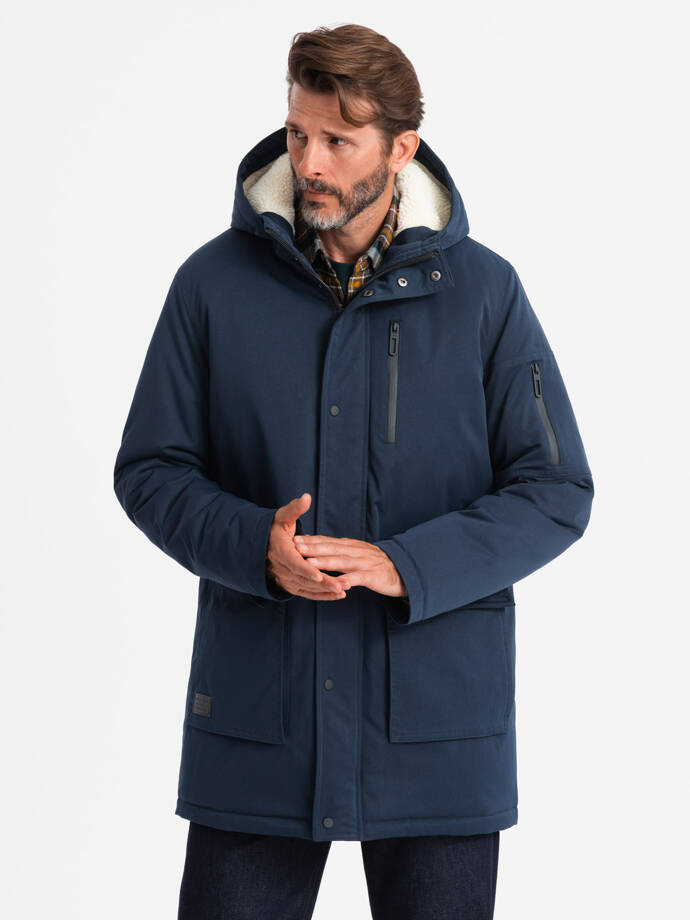 Jachetă lungă sherpa parka pentru bărbați – albastru marin V2 OM-JALJ-0181