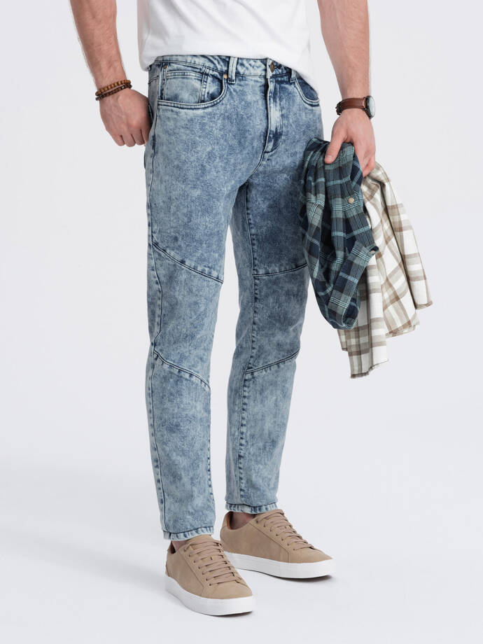 Pantaloni bărbătești slim fit din denim cu cusături la genunchi - albastru V1 OM-PADP-0109