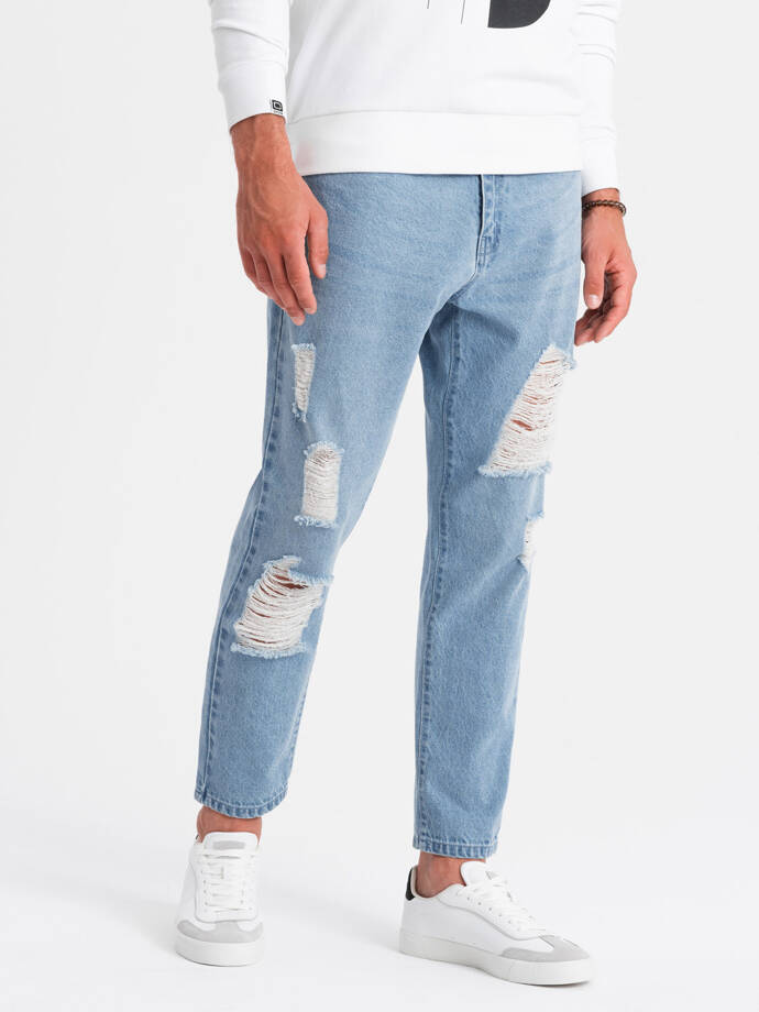 Pantaloni din denim TAPERED FIT pentru bărbați cu găuri - albastru deschis V1 OM-PADP-0175