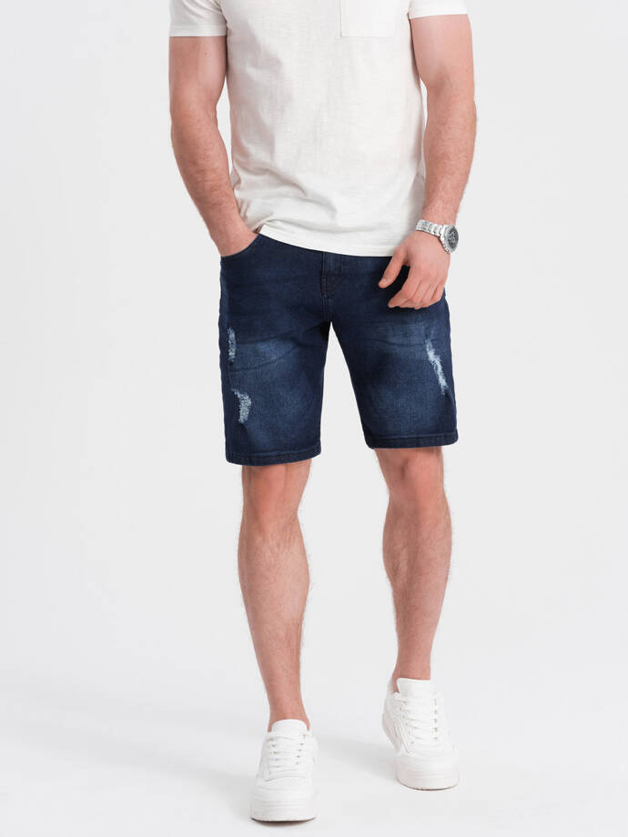 Pantaloni scurți din denim pentru bărbați cu găuri - albastru închis V3 OM-SRDS-0146