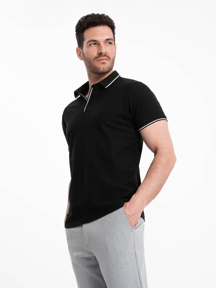 Tricou polo bărbătesc fără nasturi din tricot piqué - negru V2 OM-POSS-0110